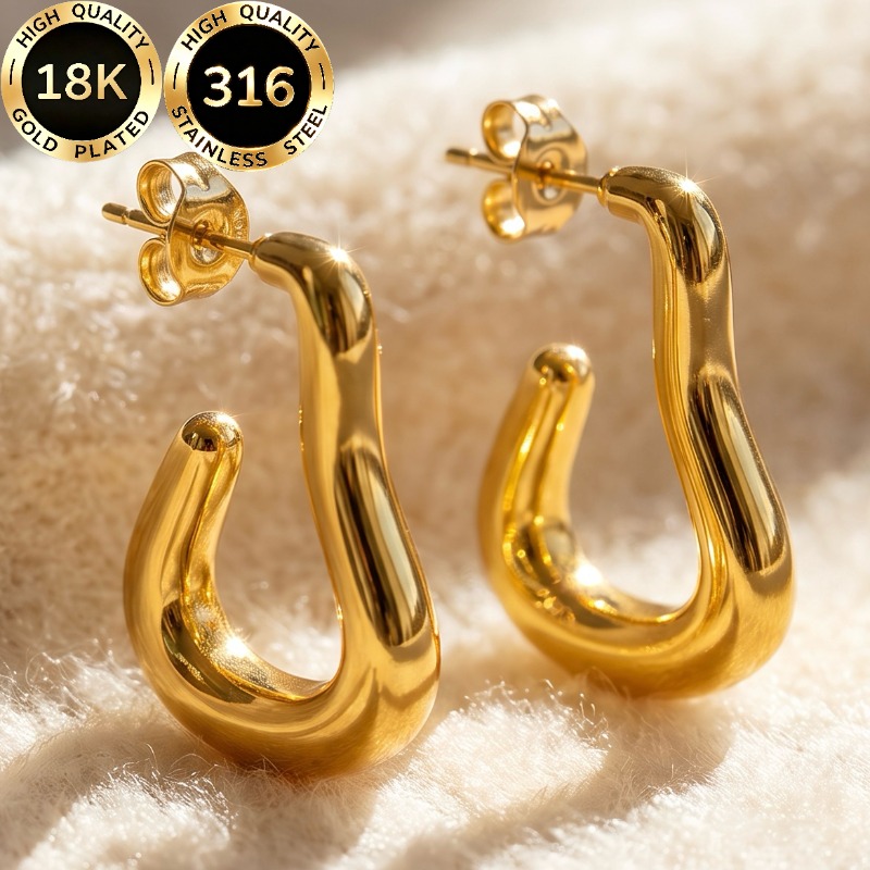 Women's 18K Gold Plated Hypoallergenic Stainless Steel Curved Stud Earrings